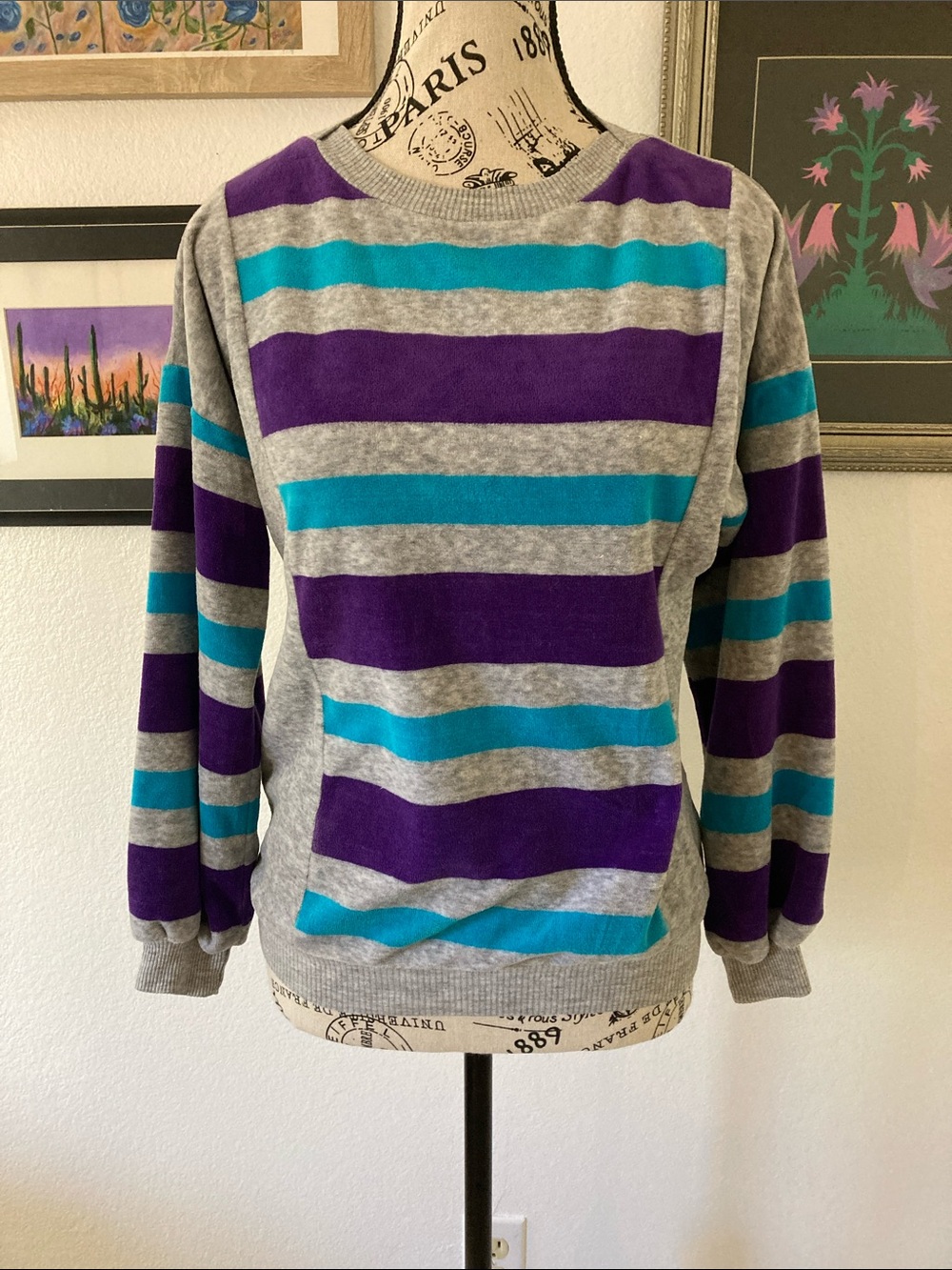 Vintage Gray Velour Sweatshirt with Purple and Teal Stripes by Bay Club